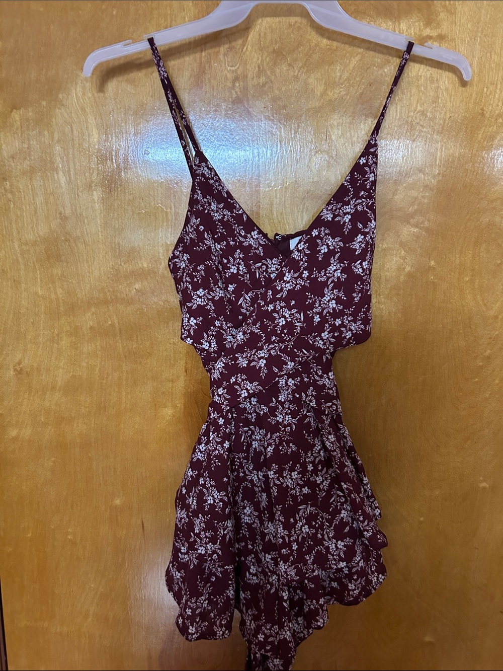 Francesca's Collections Burgundy Floral Spaghetti-Strap Romper